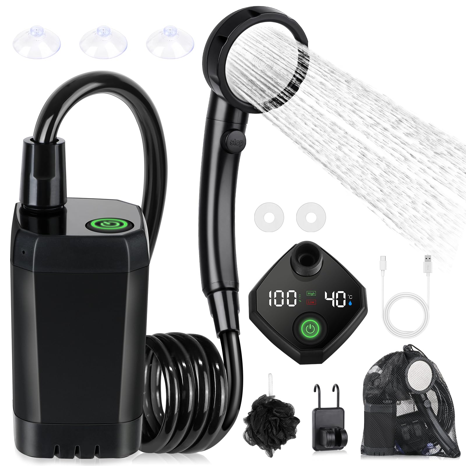 Spopal Campingdusche mit Pumpe, 6000 mAh Akku, Temperaturanzeige, schwarz, Duschkopf mit 2-m-Schlauch