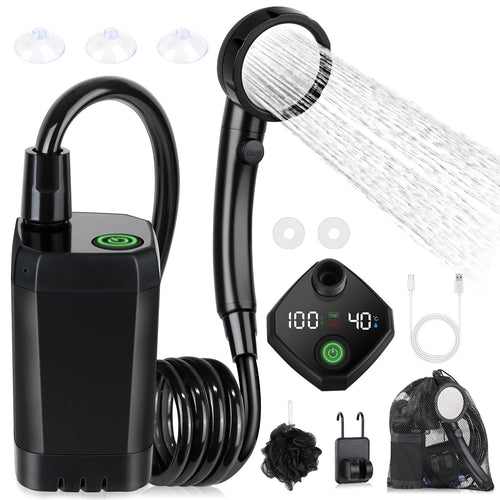 Spopal Campingdusche mit Pumpe, 6000 mAh Akku, Temperaturanzeige, schwarz, Duschkopf mit 2-m-Schlauch