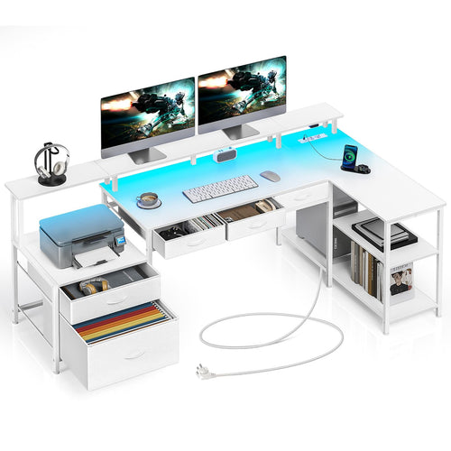 Seventable Eckschreibtisch L-Form mit LED & Steckdose – Weiss. Weisser L-förmiger Schreibtisch mit integrierter LED-Beleuchtung und Steckdose für einen funktionalen Arbeitsplatz.