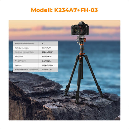 K&F CONCEPT Videostativ K234A7+FH-03 mit Fluidkopf, Aluminium, 200 cm