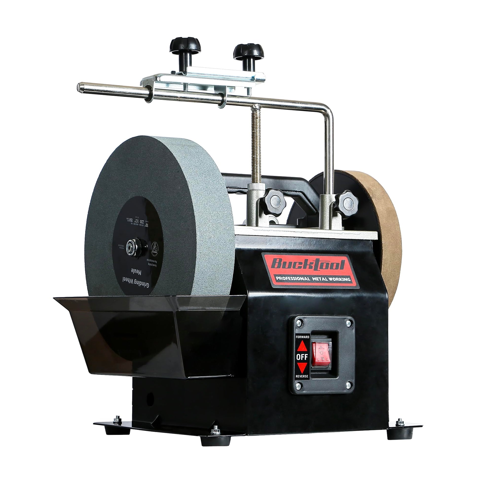 Bucktool 250mm Nassschleifer Schärfsystem – wassergekühlt 180W. Runder Schleifstein auf stabilem Gehäuse zum wassergekühlten Schärfen.