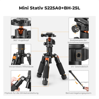 K&F CONCEPT Mini Stativ S225A1+BH-25, Tischstativ mit 360° Kugelkopf