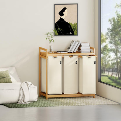 AdelDream Wäschekorb 150 L mit 3 Fächern, Bambusrahmen, Beige