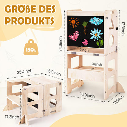 Woodure Lernturm 3-in-1 klappbar mit Tafel als Tritthocker