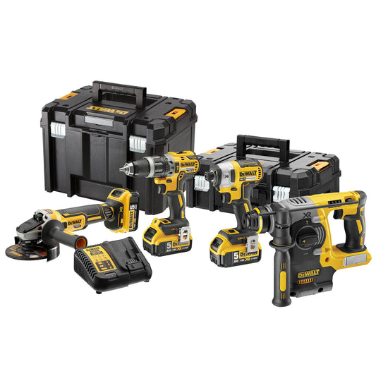 DEWALT DCK422P3T-QW Kombo-Pack 18V - 3x 5Ah Akkus: Gelb-schwarze Werkzeuge und drei Akkus für den Akkubetrieb in Bau und Handwerk.