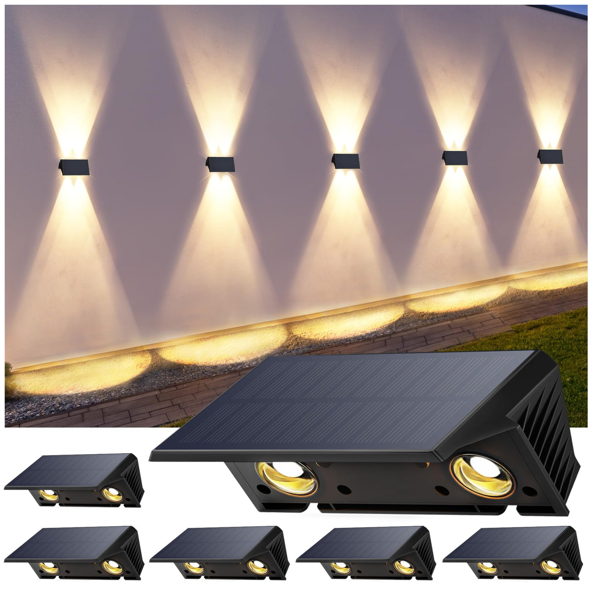 IIRARA LED Solar Wandleuchte Aussen SWL02 warmweiss IP67 6er-Set aus ABS mit Up- und Downlight