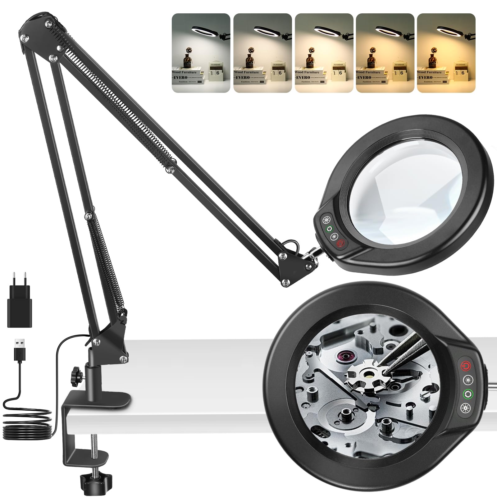 Jeedefi Lupenlampe 12-fach mit Licht, 5 Zoll Glaslinse, dimmbar, mit Schwenkarm und Metallklemme