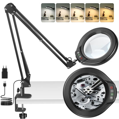 Jeedefi Lupenlampe 12-fach mit Licht, 5 Zoll Glaslinse, dimmbar, mit Schwenkarm und Metallklemme
