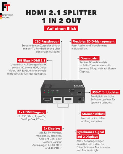 FeinTech SP210 HDMI 2.1 Splitter 4K 120Hz 8K für 2 Monitore