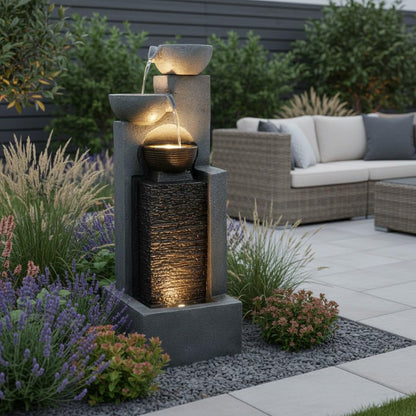 Arnusa Gartenbrunnen BK843 mit LED-Wasserfall, 109 cm, Steinoptik Grau