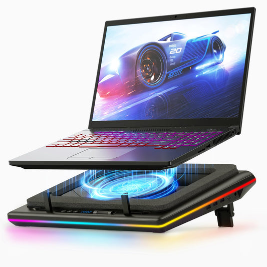 llano Gaming-Laptopkühler RGB Touch für 15-19 Zoll Notebooks. Schwarze Plattform mit sichtbaren RGB-Lüftern zum Kühlen von Gaming-Notebooks.