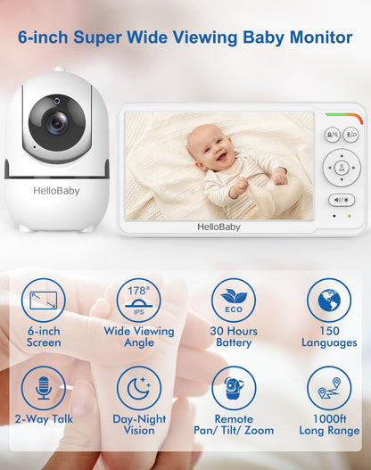 HelloBaby HB6560 Babyphone mit Kamera, 6-Zoll-Display, Nachtsicht