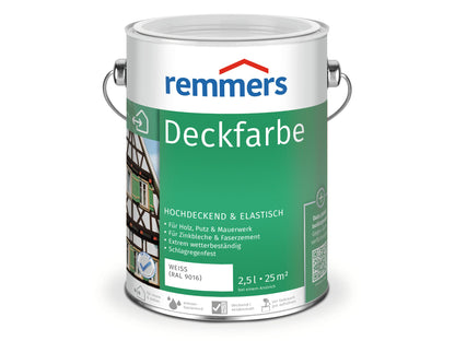 Remmers Deckfarbe weiss RAL 9016, Wetterschutzfarbe, 2,5 Liter, für Holz und Zink