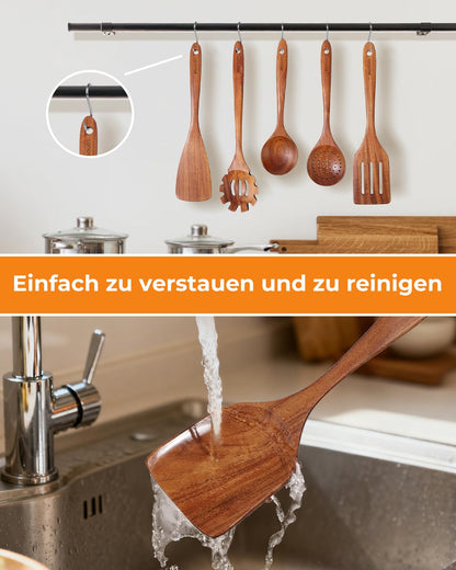 Mooues Kochbesteck-Set aus natürlichem Teakholz, 10-teilig