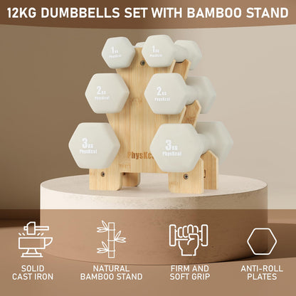 PhysKcal Kurzhantel-Set mit Bambusständer, 2 x 1 kg bis 2 x 3 kg