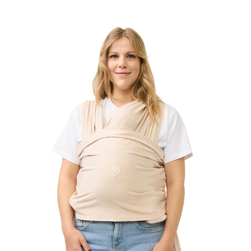 Koala Babycare elastisches Babytragetuch - einfach anzuziehen. Langes, dehnbares Stofftuch für ergonomisches und hautnahes Tragen.