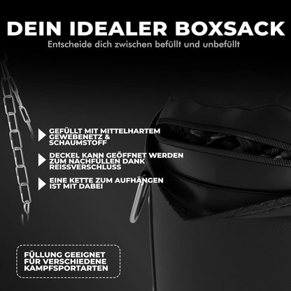FIGHTR Boxsack ungefüllt mit 4-Punkt-Stahlkette, Schwarz/Weiss