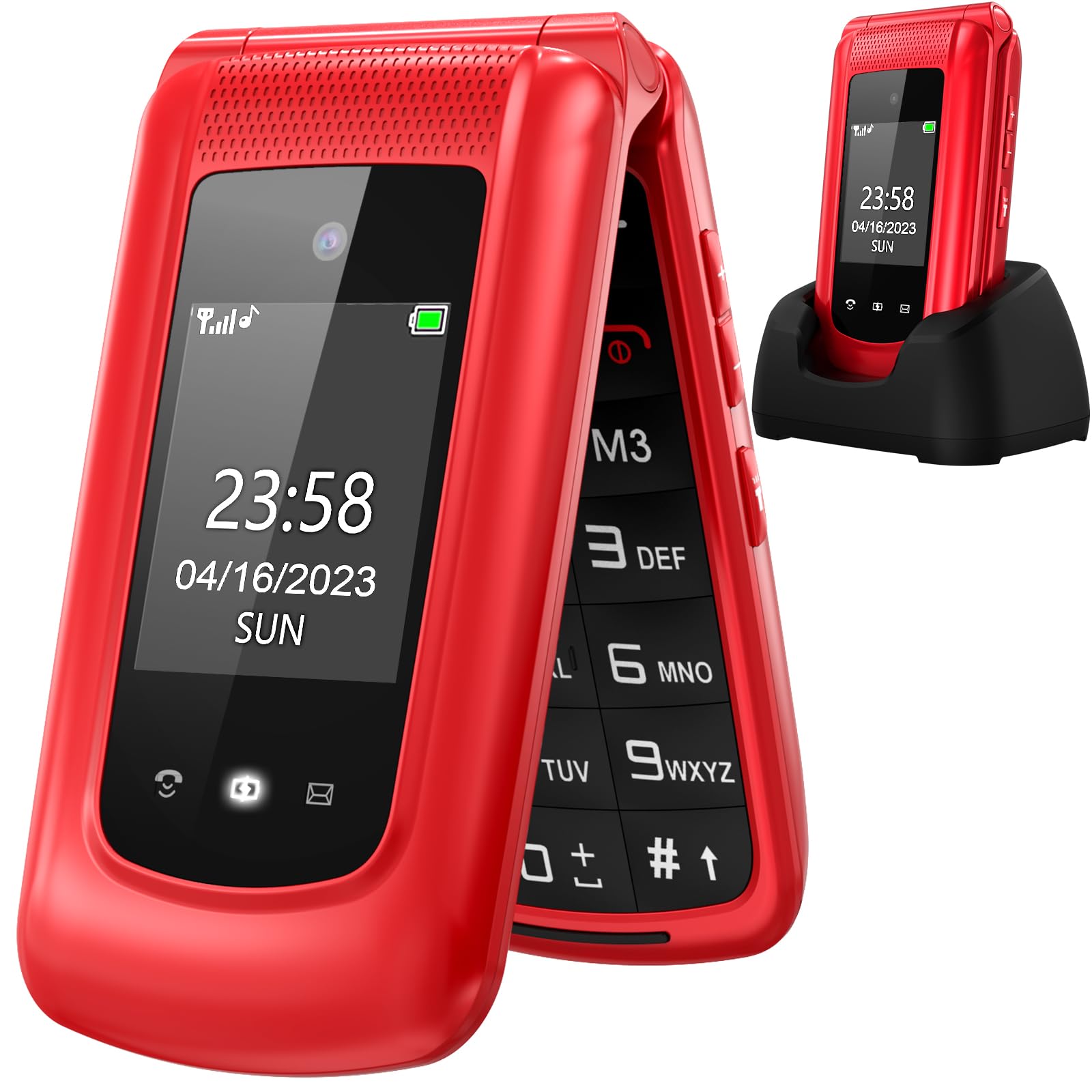 uleway G380D Seniorenhandy Klapphandy mit Ladestation, SOS, rot, Klappdesign mit Grosstasten