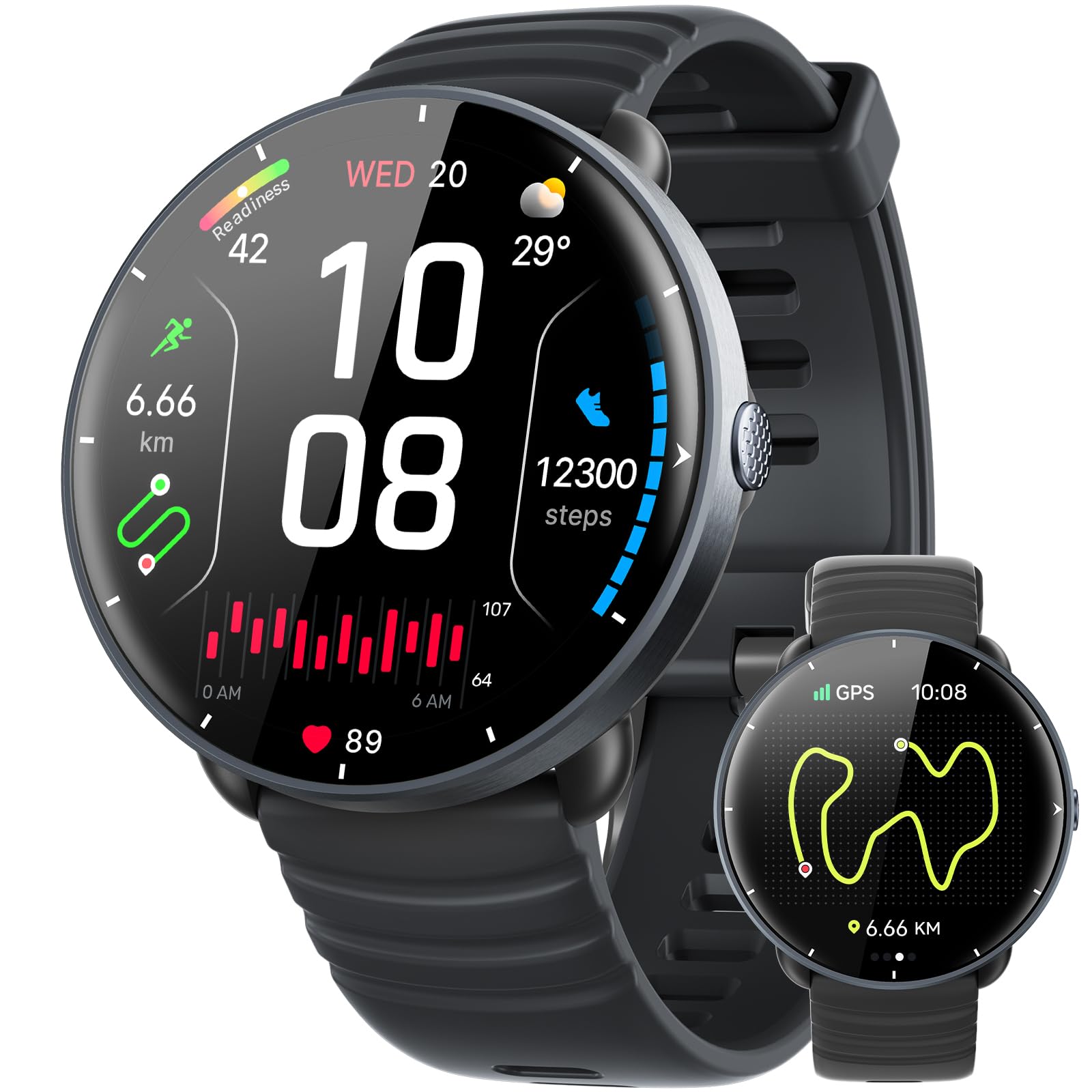 Parsonver Smartwatch PSSW9 mit GPS, 5 ATM, AMOLED, Schwarz, 42 mm – Schwimm- und Sportuhr