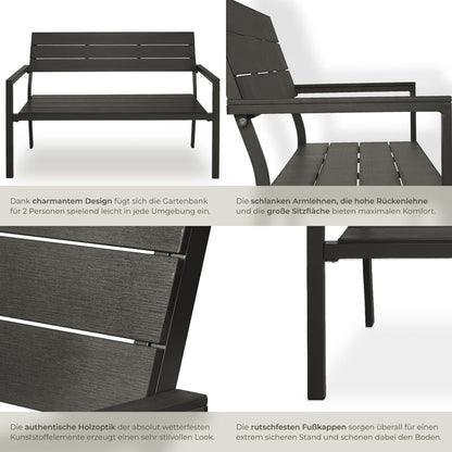 tectake Sitzbank 2-Sitzer Garten - Holzoptik Dunkelgrau
