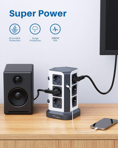 KOOSLA 12-fach Steckdosenturm 65W USB C PD Überspannungsschutz Grau