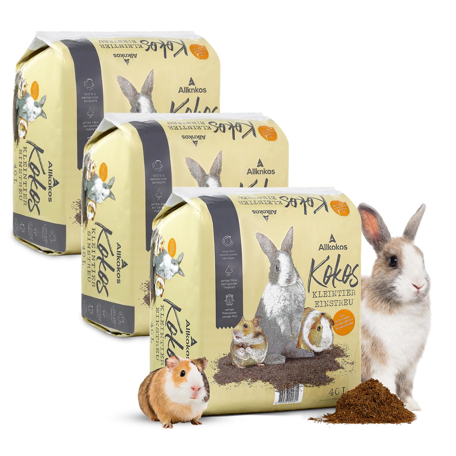 Allkokos Einstreu aus 100 % Kokosfasern für Kleintiere, 3x40 Liter – für Hamster, Kaninchen und Meerschweinchen