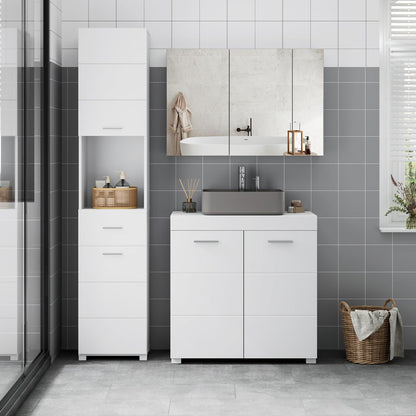 FOREHILL Hochschrank Bad schmal 180cm 2 Türen 1 Schublade – Weiss