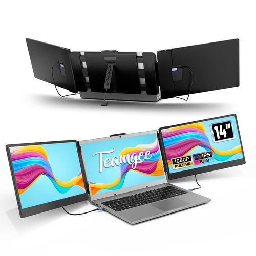 Teamgee Triple Laptop Bildschirm Erweiterung 14" FHD: Drei schwarze 14" Monitore. Erweitert den Laptop-Display für Multitasking.