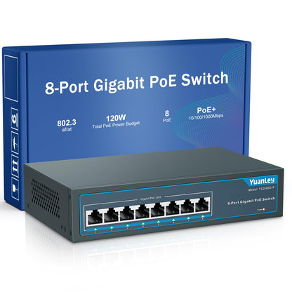 YuanLey 8 Port Gigabit PoE+ Switch, 120W, Unmanaged. Schwarzer Switch. Liefert Gigabit-Daten und PoE+-Strom.