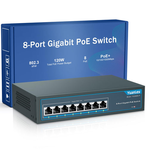 YuanLey 8 Port Gigabit PoE+ Switch, 120W, Unmanaged. Schwarzer Switch. Liefert Gigabit-Daten und PoE+-Strom.