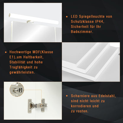 DICTAC Spiegelschrank Bad – LED Steckdose 3 Türen Weiss 70x60cm