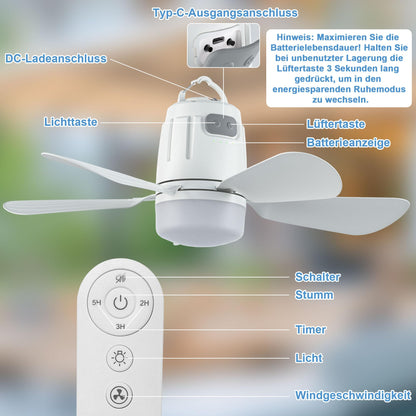 Gliztech Deckenventilator Outdoor mit Licht, Akku 20000 mAh, 50 cm