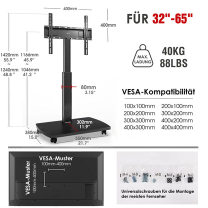 AOKCOS TV Ständer rollbar, höhenverstellbar, 32-65 Zoll, schwarz