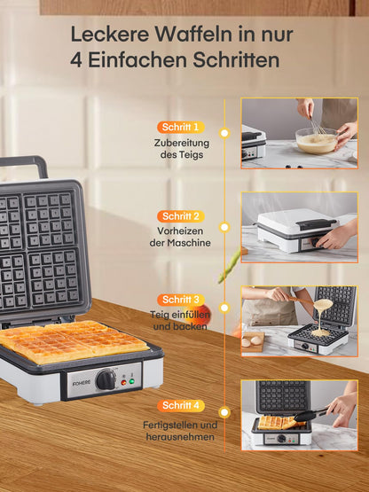 FOHERE Waffeleisen 2030, 1200 Watt, 4 Waffeln, Antihaftbeschichtung