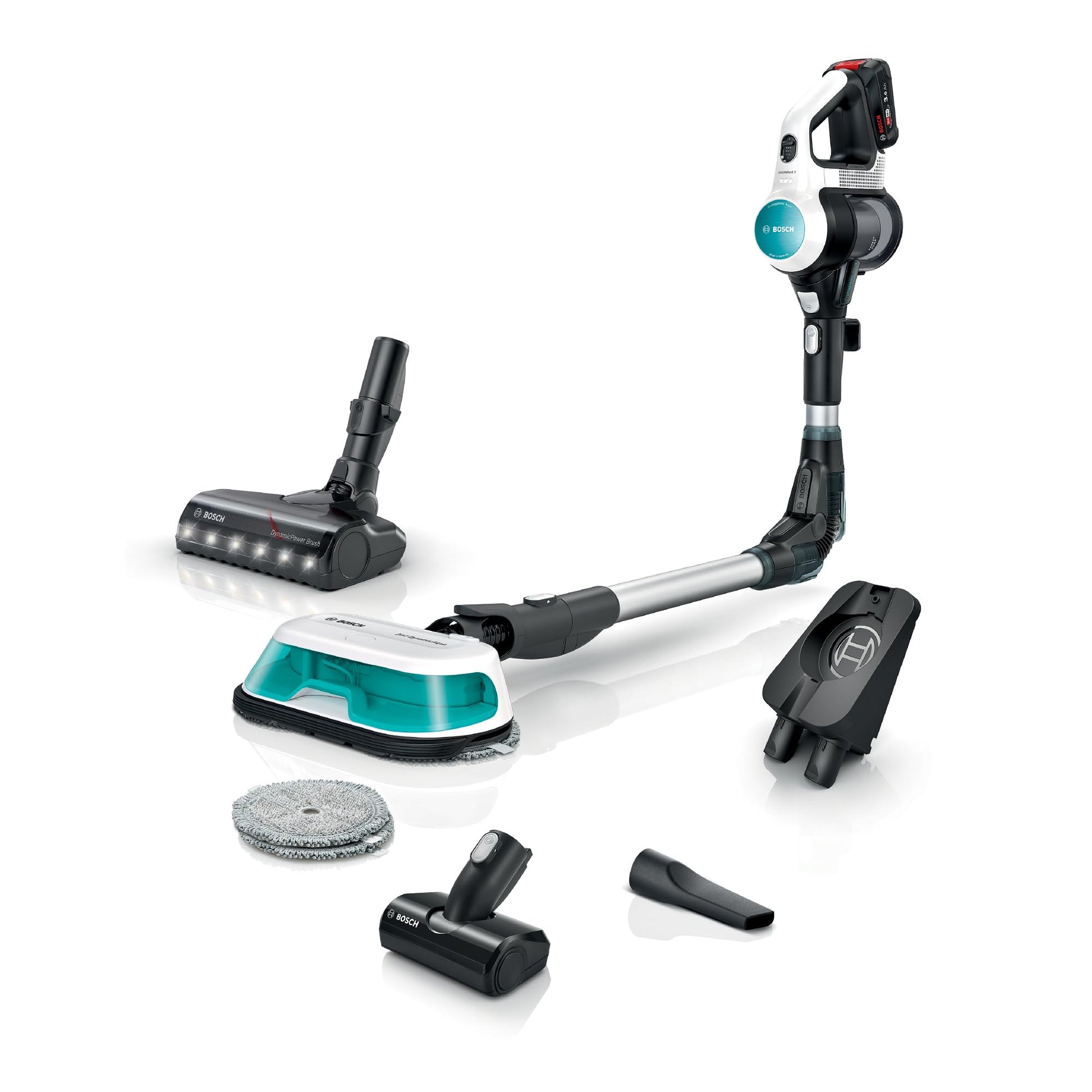 Bosch Unlimited 7 ProHygienic Aqua BKS71HYG4 Akku-Staubsauger 2in1 in Weiss mit Knickrohr, zum Saugen und Wischen