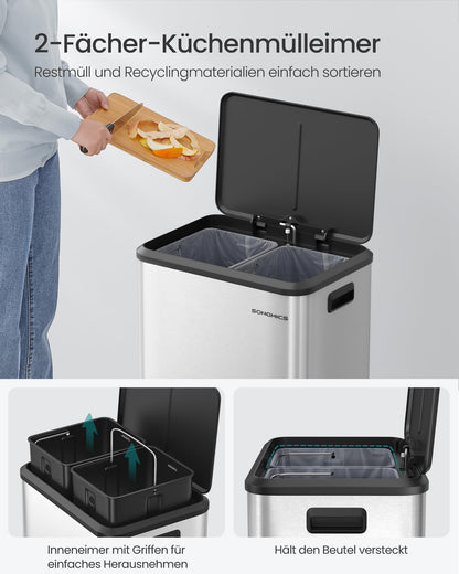 SONGMICS Mülleimer Küche 2 x 15 L Mülltrennsystem, Softclose-Deckel
