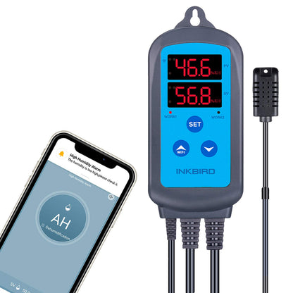 Inkbird IHC-200-WIFI Feuchtigkeitsregler – WLAN App-Steuerung: Weißes rechteckiges Gehäuse, LCD. Steuert Luftfeuchtigkeit präzise.
