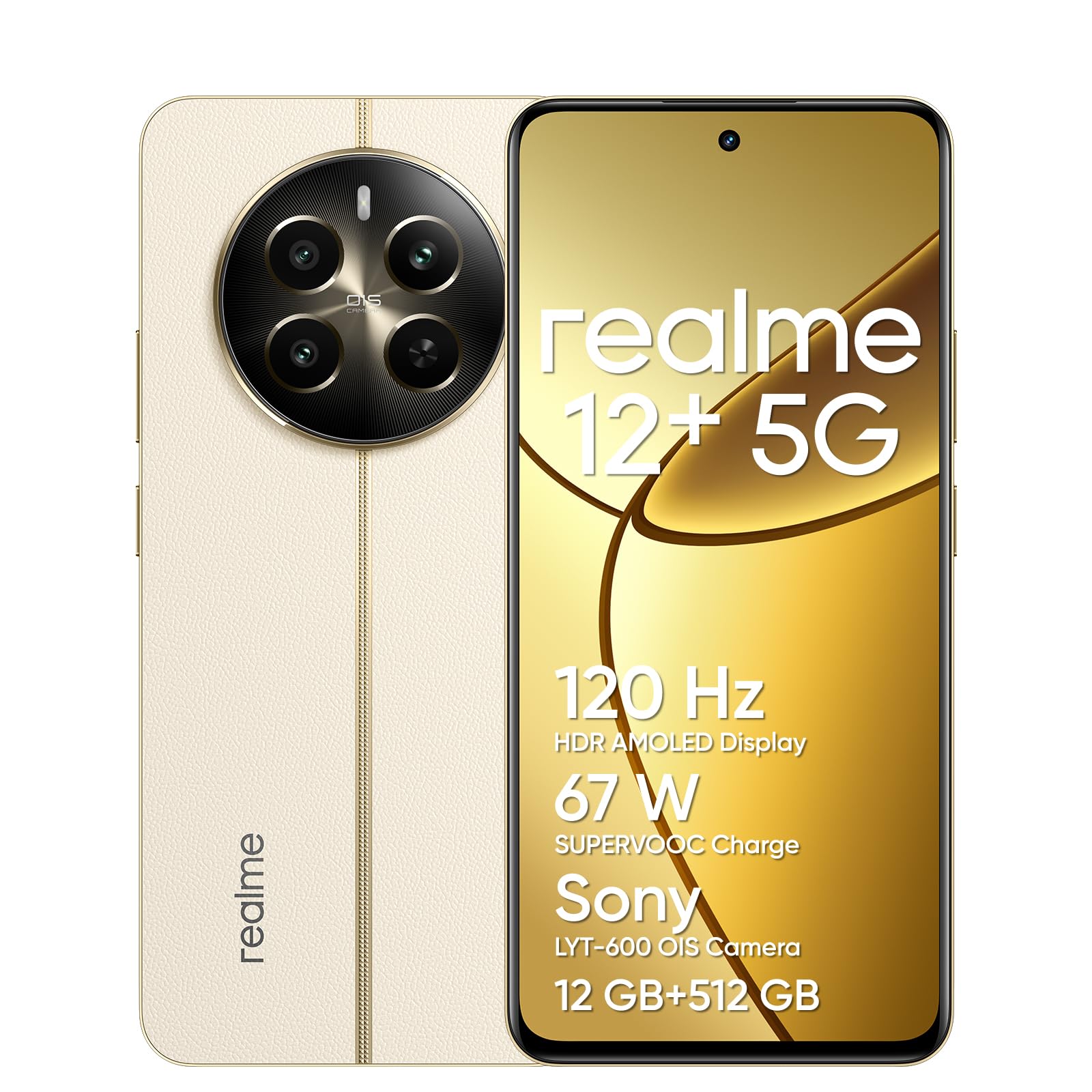 realme 12+ 5G Smartphone - 12+512 GB Navigator Beige. Beiges, schlankes Rechteck zum Telefonieren und 5G-Internetnutzung.