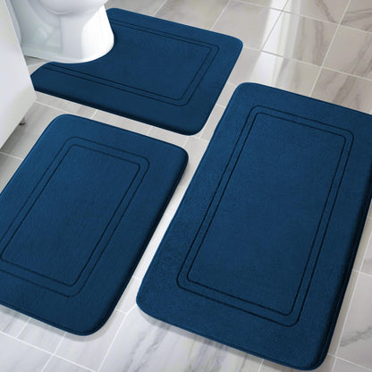chakme Badezimmerteppich-Set 3-teilig, Memory-Schaum, navyblau, 2 Matten und U-förmiger WC-Vorleger