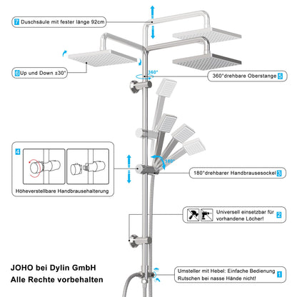 JOHO Duschsystem Edelstahl Überkopfbrauseset 20x20 cm, Chrom