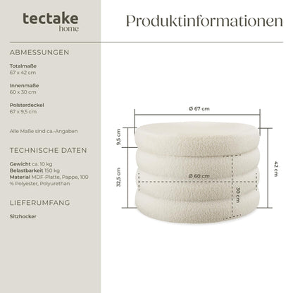 tectake® XL Scandi Stauraum Hocker Pouf – Bouclé Creme-weiss