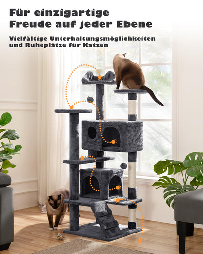 Yaheetech Kratzbaum 139 cm, Kletterturm mit 2 Höhlen, dunkelgrau