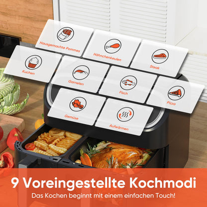 Gidgimo Heissluftfritteuse Doppelkammer 10L XXL Air Fryer