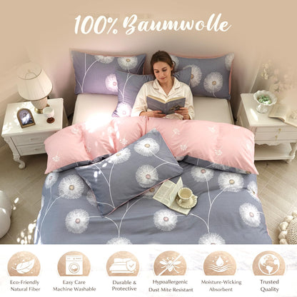 KEAYOO Wendebettwäsche Set 4-teilig Baumwolle Grau Rosa 135x200