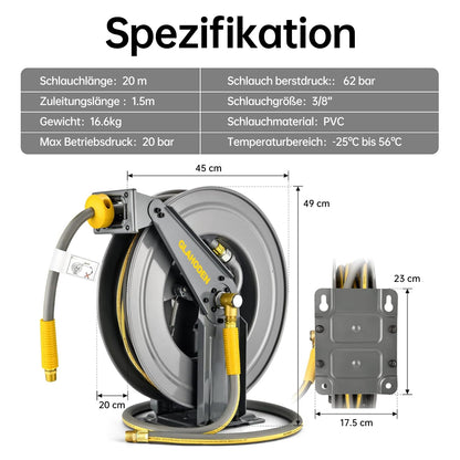 GLAHODEN Doppelarmiger einziehbarer Luftschlauchtrommel - 20M