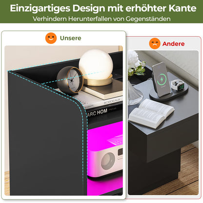Brinlawb Nachttisch 2er Set mit Ladefunktion & LED, Schwarz