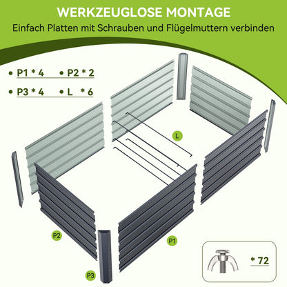 Ohuhu Metall Hochbeet 180x90x60 cm aus verzinktem Stahl, anthrazit