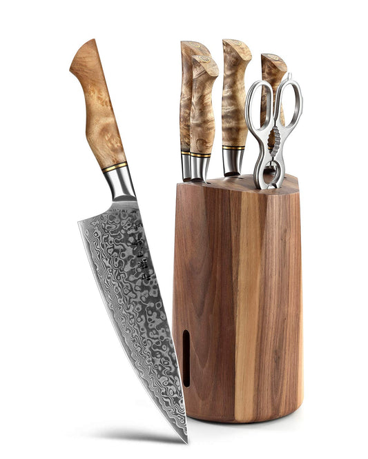 HEZHEN Damast Messerblockset – 7-teilig, Holzblock