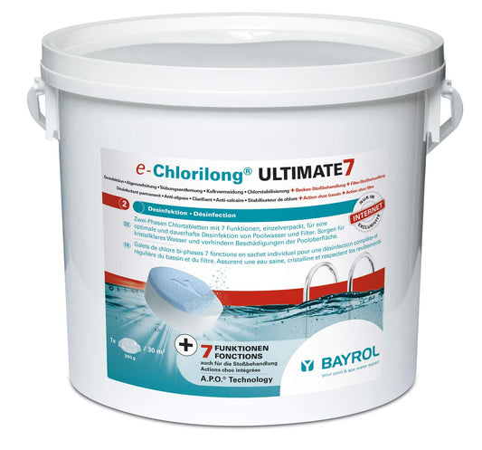 Bayrol Chlorilong Ultimate 7 Chlortabletten - Multifunktion. Weiße, blockförmige Tabletten zur umfassenden Poolwasser-Desinfektion.
