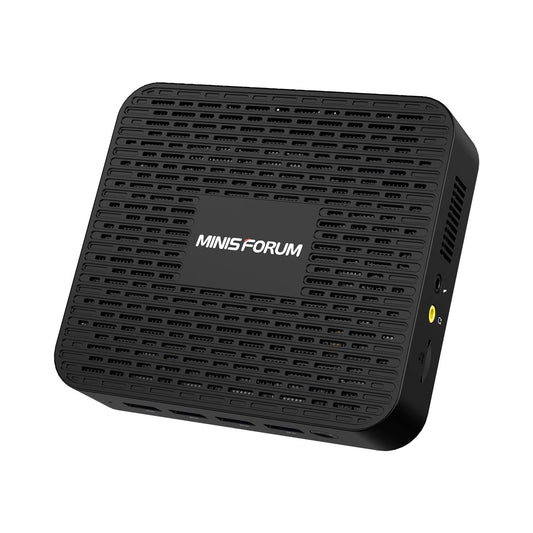 MINIS FORUM GK41 Mini-PC – Celeron J4125, 8GB/128GB. Kompakter schwarzer Mini-PC für Büro- und Multimedia-Anwendungen.